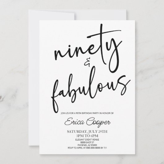 Ninety & Fabulous Minimal 90th Birthday Party Einladung (Vorderseite)