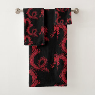 Ninja Art-rote chinesische Drachen u. Schwarzes Badhandtuch Set