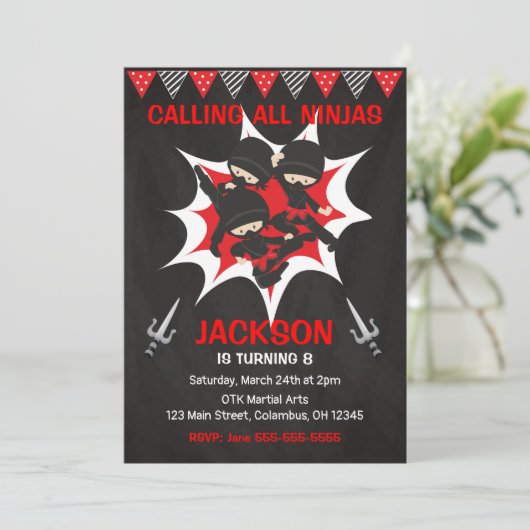 Ninja Birthday Einladung, Karate Ninja Party Einladung (Stehend Vorderseite)