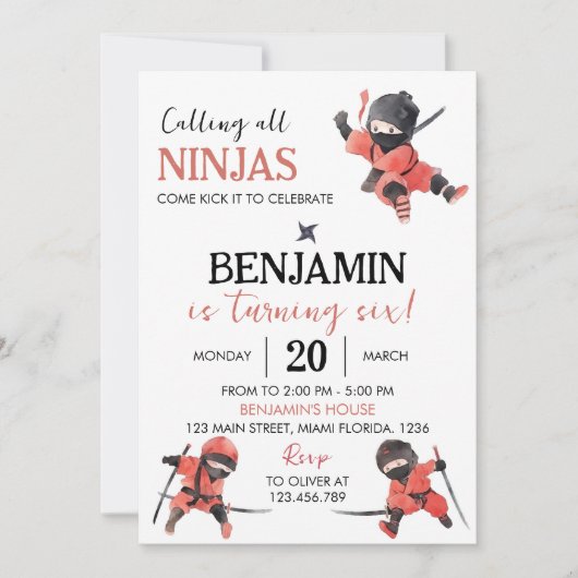 Ninja Birthday Einladung Ninja Party (Vorderseite)
