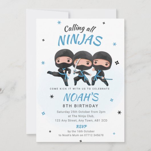 Ninja Birthday Invitation - Blue Karate Party Einladung (Vorderseite)