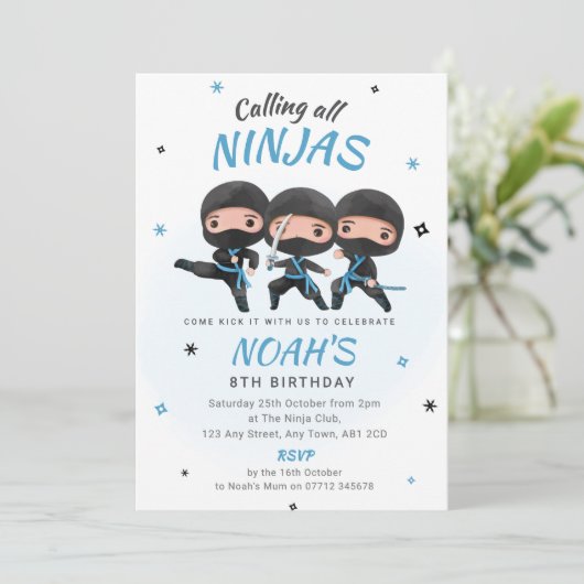 Ninja Birthday Invitation - Blue Karate Party Einladung (Stehend Vorderseite)