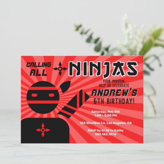 Ninja Birthday Party Einladung (Stehend Vorderseite)