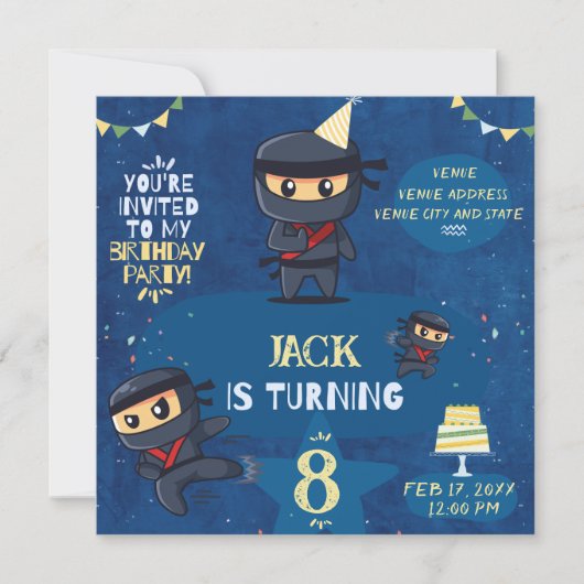 Ninja Birthday Party Invite-Blue Yellow Green Einladung (Vorderseite)