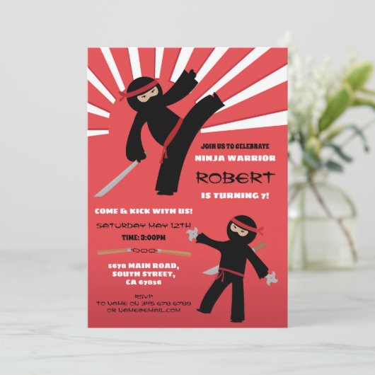Ninja Birthday Party Warrior Red Boy's Fun Einladung (Stehend Vorderseite)