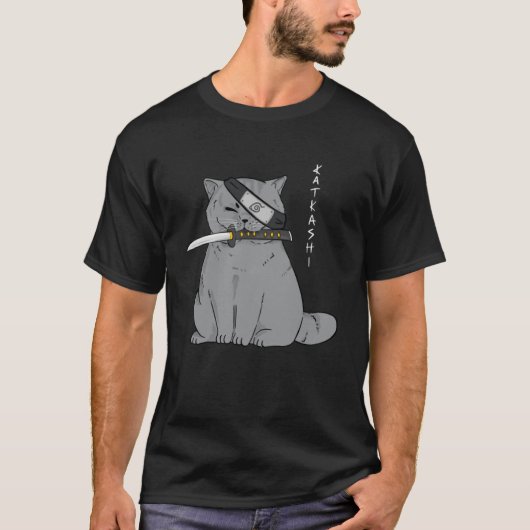 Ninja Cat mit Samurai Sword in Mouth T-Shirt (Vorderseite)