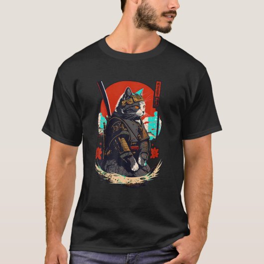 Ninja Cat Samurai Kitten Retro Japanischer Krieger T-Shirt (Vorderseite)