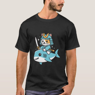 Ninja Cat Samurai Riding Shark T-Shirt
