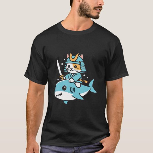 Ninja Cat Samurai Riding Shark T-Shirt (Vorderseite)