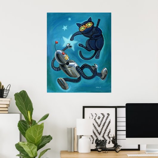 Ninja cat vs Robot Poster (Heimbüro)