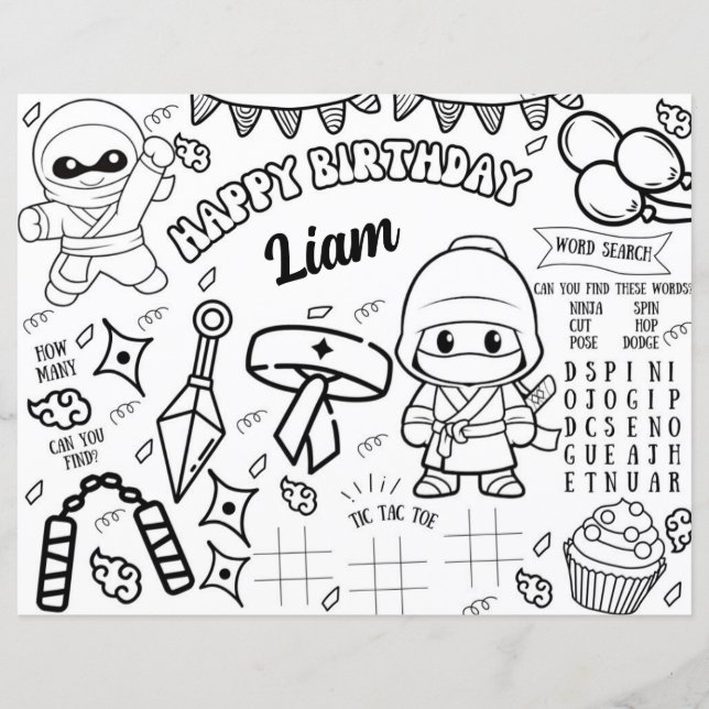 Ninja Coloring Tischset Warrior Party Activity (Vorderseite)