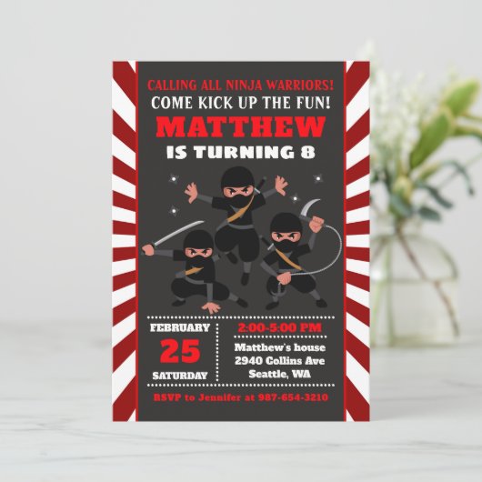Ninja Einladung, Ninja Geburtstag Einladung (Stehend Vorderseite)