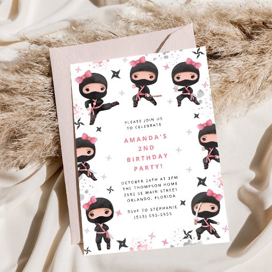 Ninja Girl Birthday Invitation, Cute Pink Karate Einladung