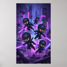 Ninja hält glühendes Schwert in futuristischer Sta Poster