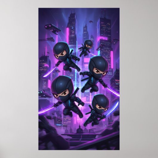 Ninja hält glühendes Schwert in futuristischer Sta Poster (Vorne)