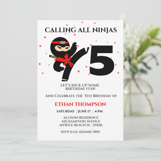 Ninja Karate Birthday Custom Age Party Einladung (Stehend Vorderseite)