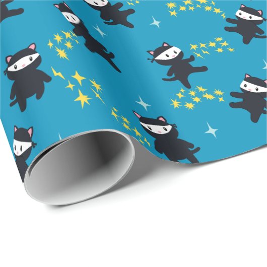 Ninja Katzen mit Star Power auf Blue Geschenkpapier (Rolleneckpunkt)