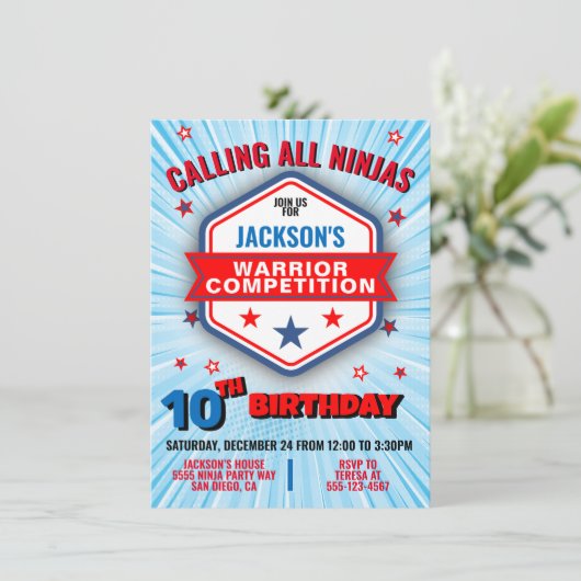 Ninja Krieger Geburtstagsfeier Einladung (Stehend Vorderseite)