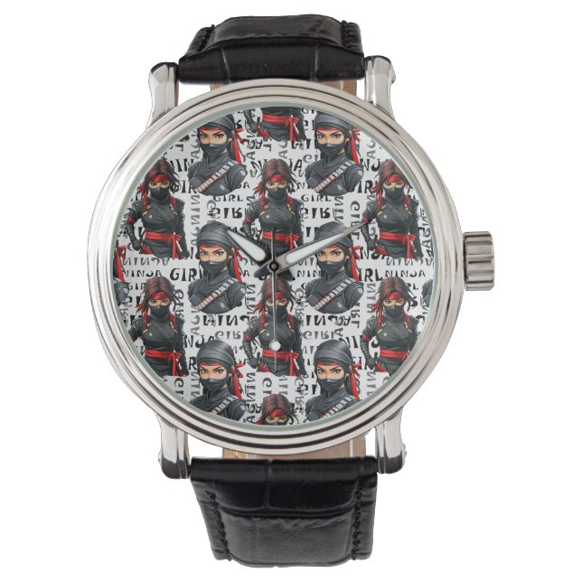 Ninja-Mädchen Anime mit Textmuster-Design Armbanduhr (Vorderseite)