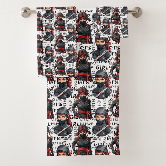 Ninja-Mädchen Anime mit Textmuster-Design Badhandtuch Set