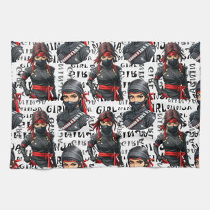 Ninja-Mädchen Anime mit Textmuster-Design Geschirrtuch