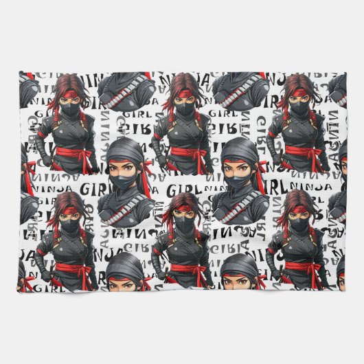 Ninja-Mädchen Anime mit Textmuster-Design Geschirrtuch (Horizontal)