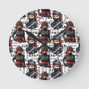 Ninja-Mädchen Anime mit Textmuster-Design Runde Wanduhr