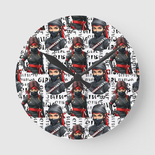 Ninja-Mädchen Anime mit Textmuster-Design Runde Wanduhr (Vorderseite)