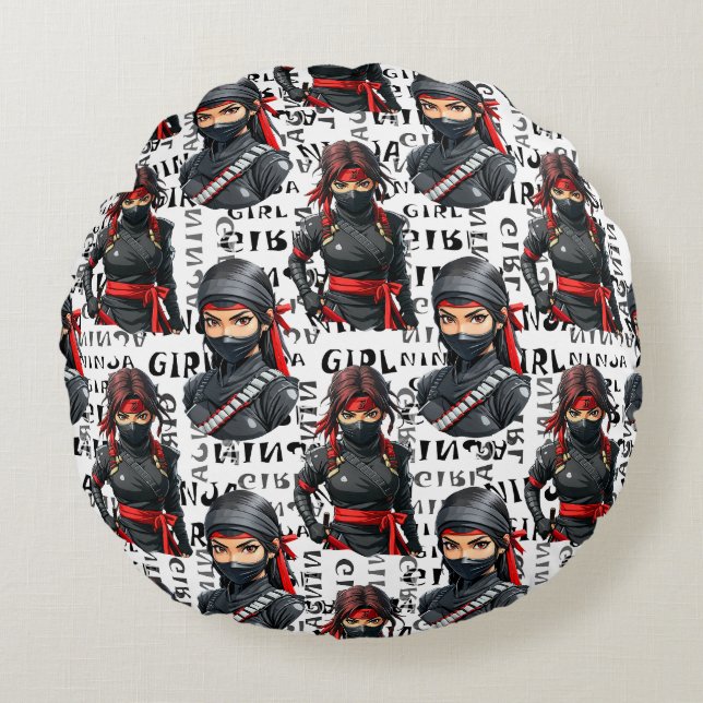 Ninja-Mädchen Anime mit Textmuster-Design Rundes Kissen (Vorderseite)