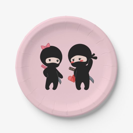 Ninja Pair, ein Junge und ein Mädchen auf Pink Pappteller (Vorderseite)