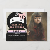 Ninja Pink & Black Girl Foto Geburtstag Einladung (Vorderseite)
