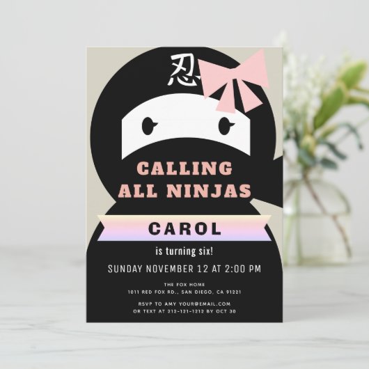 Ninja Pink & Black Girl Geburtstag Einladung (Stehend Vorderseite)