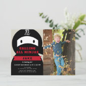 Ninja Red & Black Boy Foto Geburtstag Einladung (Stehend Vorderseite)