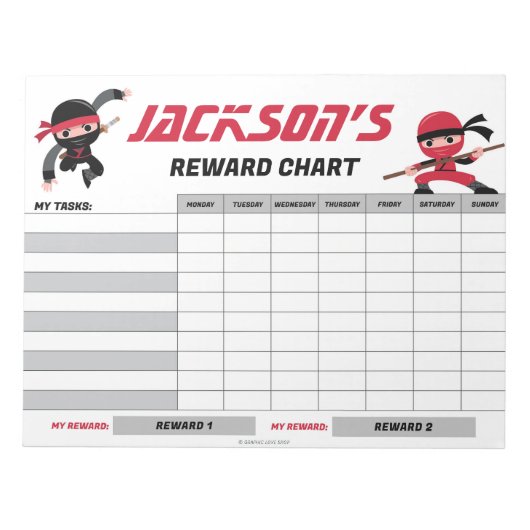 Ninja Red Black Rewards Chart Personalisierte Aufg Notizblock (Vorderseite)