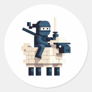 Ninja-Reitet-Schaf-Blockstil-Charakter-Pixelkunst Runder Aufkleber