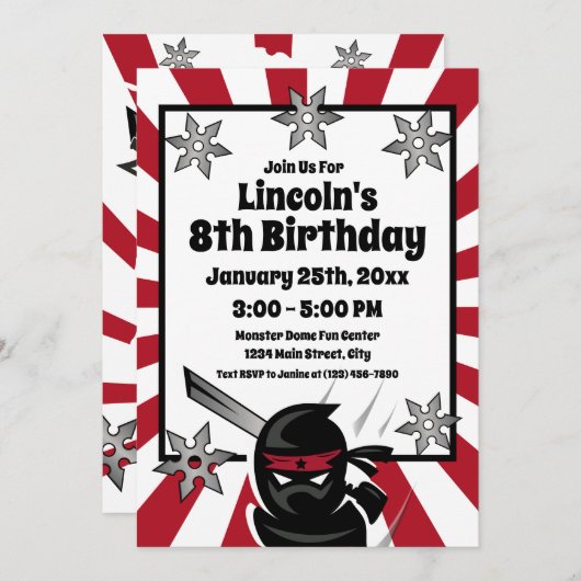 Ninja Samurai Warrior Kids Boys Birthday Party Einladung (Vorne/Hinten)