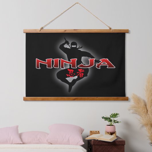 Ninja Silhouette Wandteppich Mit Holzrahmen (Schlafzimmer)