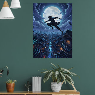 Ninja springt unter Mondlicht über Dächer Poster