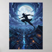 Ninja springt unter Mondlicht über Dächer Poster (Vorne)