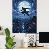 Ninja springt unter Mondlicht über Dächer Poster (Heimbüro)