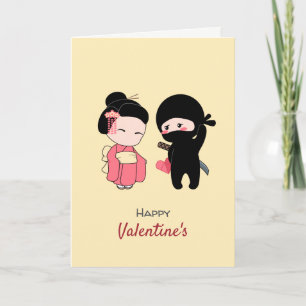 Ninja und Geisha Happy Valentine on Yellow Feiertagskarte
