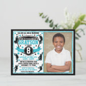 Ninja Warrior Boy Black & Aquamarines Foto Einladung (Stehend Vorderseite)