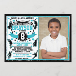 Ninja Warrior Boy Black & Aquamarines Foto Einladung