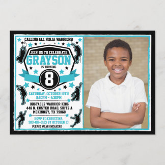 Ninja Warrior Boy Black & Aquamarines Foto Einladung