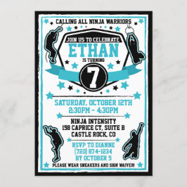 Ninja Warrior Boy Geburtstagsparty Black & Aquamar Einladung