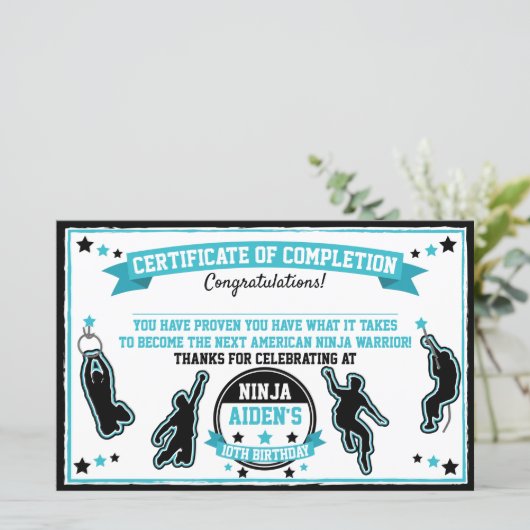 Ninja Warrior Boys Party Certificate of Completion (Stehend Vorderseite)
