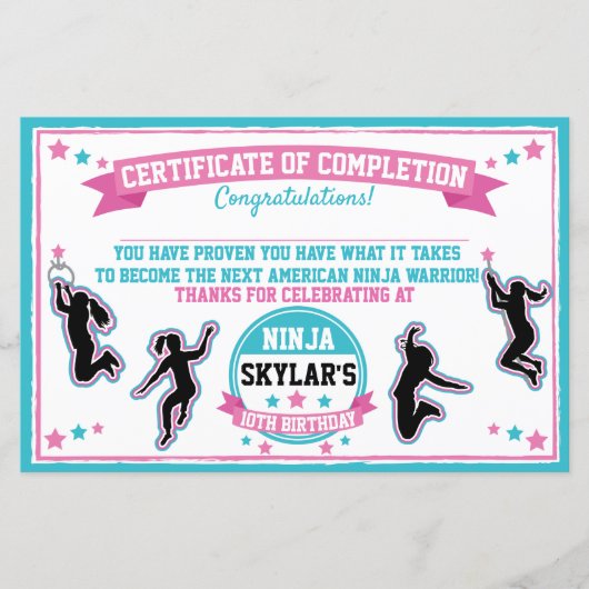 Ninja Warrior Girl Party Certificate of Completion (Vorderseite)