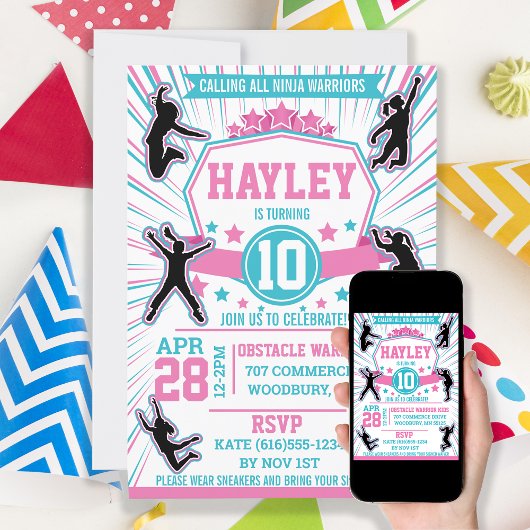 Ninja Warrior Girls Geburtstagsparty Obstacle Kurs Einladung