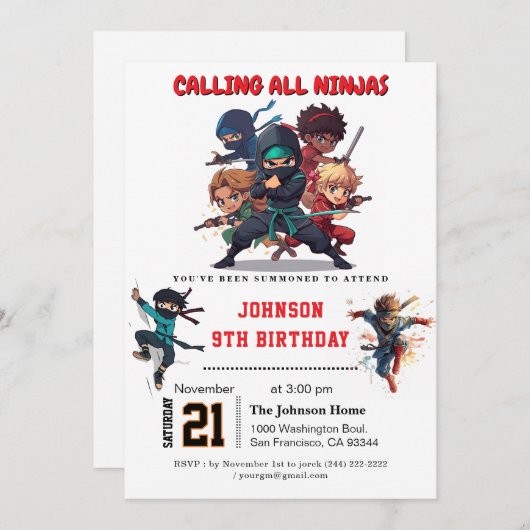 Ninja Warrior Kindergeburtstag Party Einladung (Vorne/Hinten)