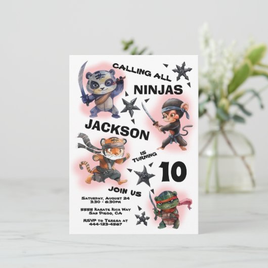 Ninja Warriors Birthday Party Einladung (Stehend Vorderseite)